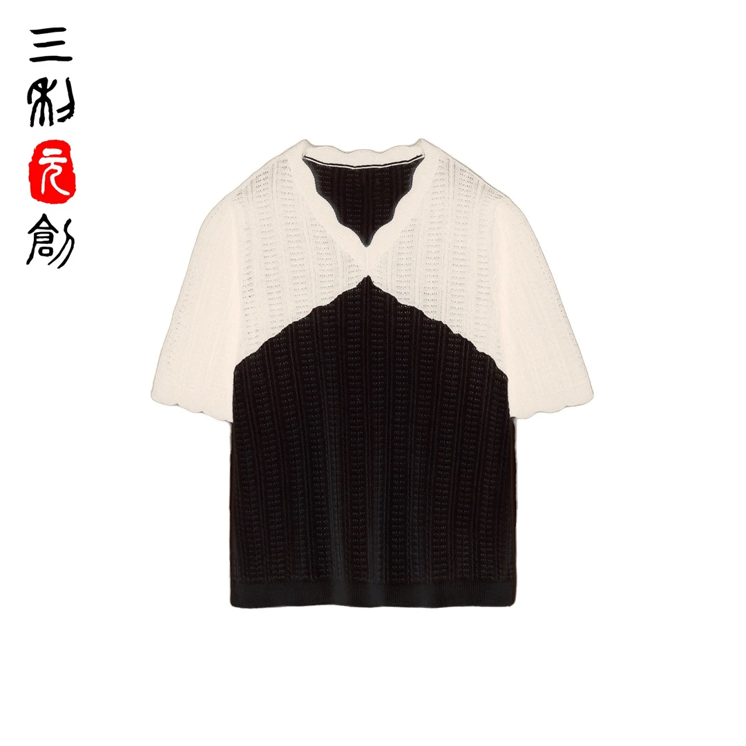 三利元创春夏 重工艺 精纺蚕丝羊绒V领拼色短袖套衫5102
