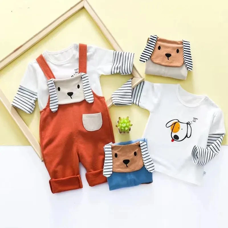 婴幼儿背带套装春秋纯棉两件套0-2岁男女童开档可爱背带洋气可爱