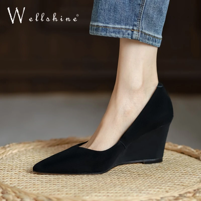 坡跟单鞋女2025春新款百搭尖头中跟黑色舒适软底职业工作高跟鞋女