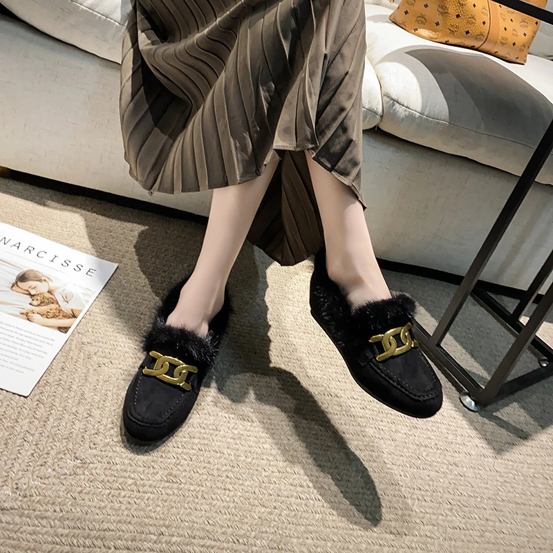 毛毛鞋女冬外穿2024年新款网红真皮内增高加绒乐福鞋一脚蹬豆豆鞋
