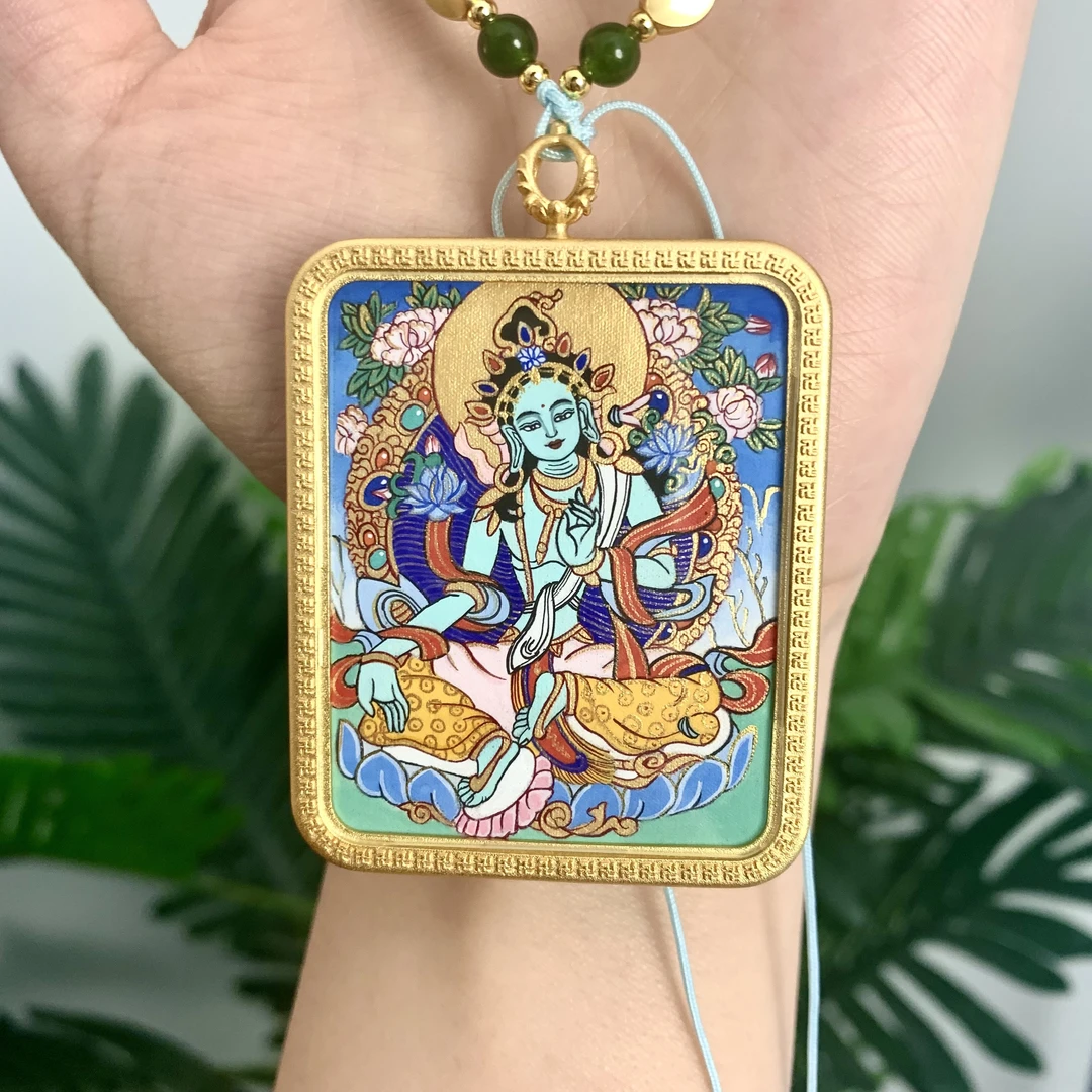 蒹葭 手作【高定版-全身绿度母】唐卡画师手绘款挂脖项链唐卡