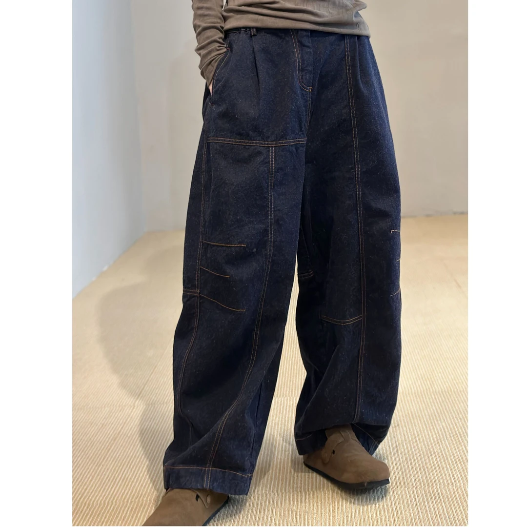 忆古朴拙原创设计秋季休闲百搭色织亚麻三线褶皱休闲长裤240740#