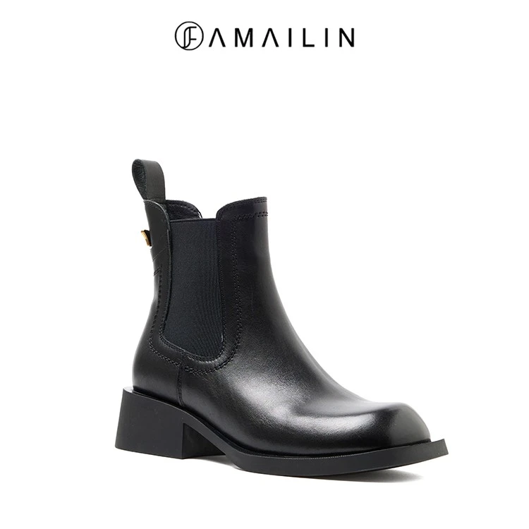 【FAMAILIN】跟高4cm/2024新款时尚通勤短靴芒果头切尔西靴女