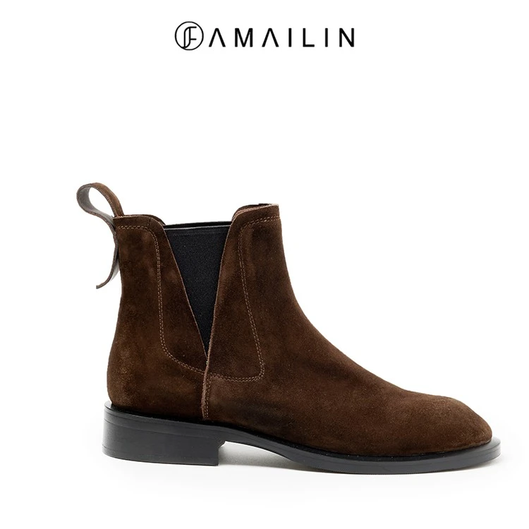 【FAMAILIN】跟高3cm/2024早秋新款圆头英伦风短靴羊皮百搭切尔西