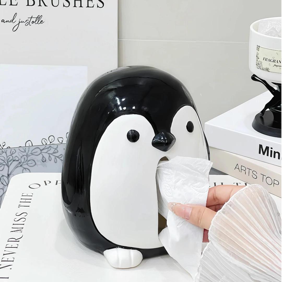 企鹅创意抽纸盒家用客厅高档桌面纸巾盒新家居饰品陶瓷摆件防真花