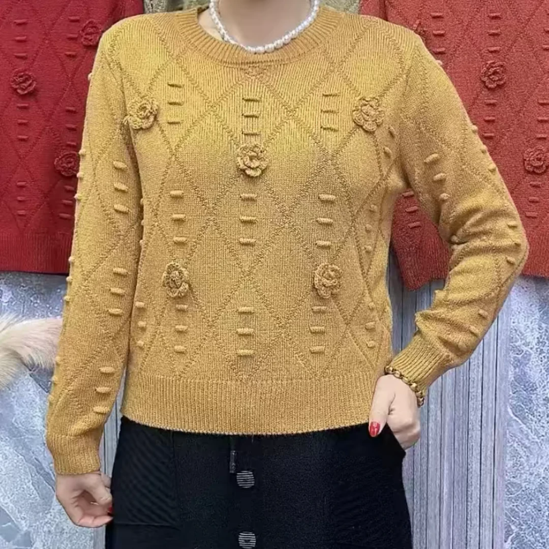 圆领玫瑰花针织妈妈上衣