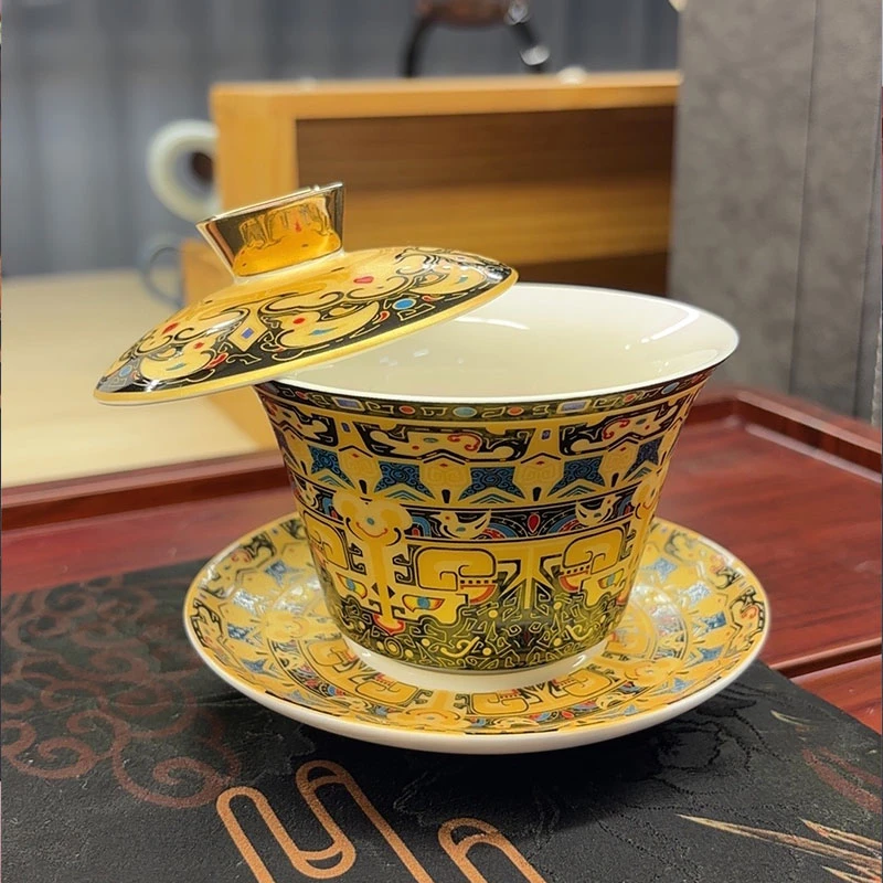 悬停盖碗三才中式功夫家用泡茶带盖描金宫廷风复古陶瓷茶盖碗