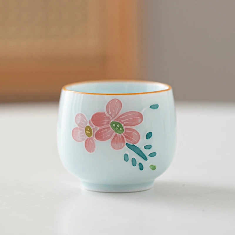 手绘堆釉浮雕旦形主人杯品茗杯陶瓷小茶盏茶碗家用功夫茶具