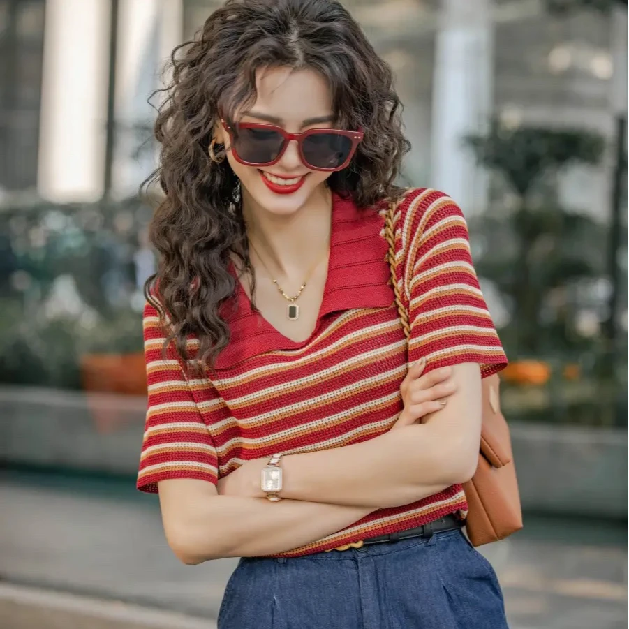 复古条纹t恤POLO领针织上衣洋气显瘦小众设计感套头镂空A57