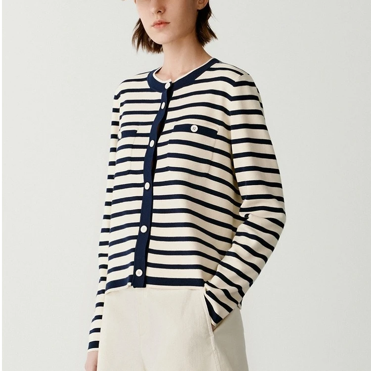 针织长袖针织衫小香风时尚休闲条纹圆领秋冬撞色1823