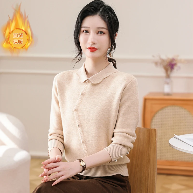 妈妈秋冬新款翻领毛衣女中老年洋气针织加绒打底衫宽松内搭上衣服