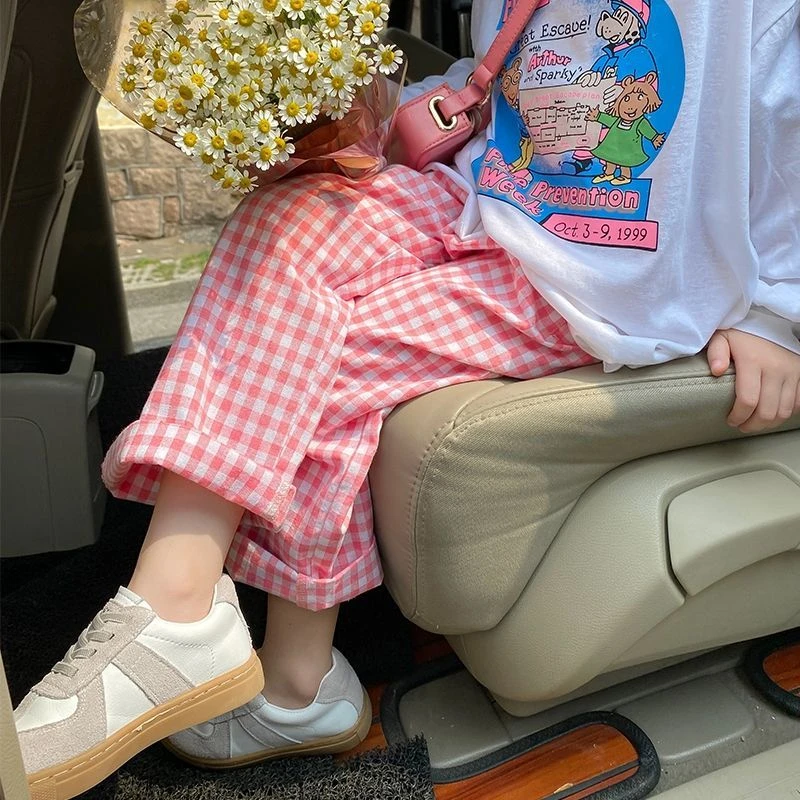 女童粉色格子裤韩版2023春秋新款洋气韩版休闲裤儿童宝宝时尚长裤