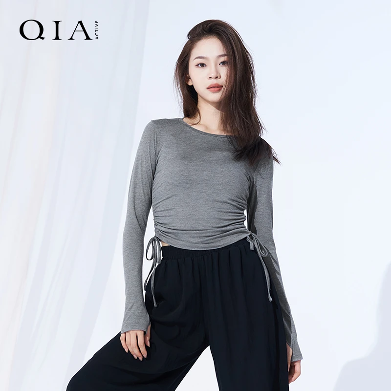 琪亚现代舞抽褶绑带套指长袖上衣女秋冬舞蹈生练功服修身形体服装