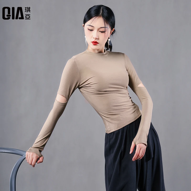 琪亚现代舞练功服女舞蹈生日常穿搭破洞长袖套指上衣古典舞训练服