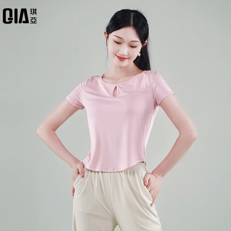 琪亚现代舞练功服女夏季大圆领短袖成人形体服古典舞蹈基训服上衣