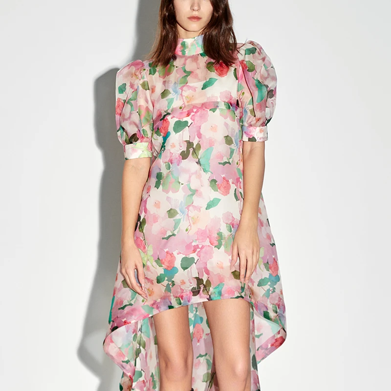 AS DALIO真丝桑蚕丝粉色印花泡泡袖前短后长短袖设计感春夏连衣裙