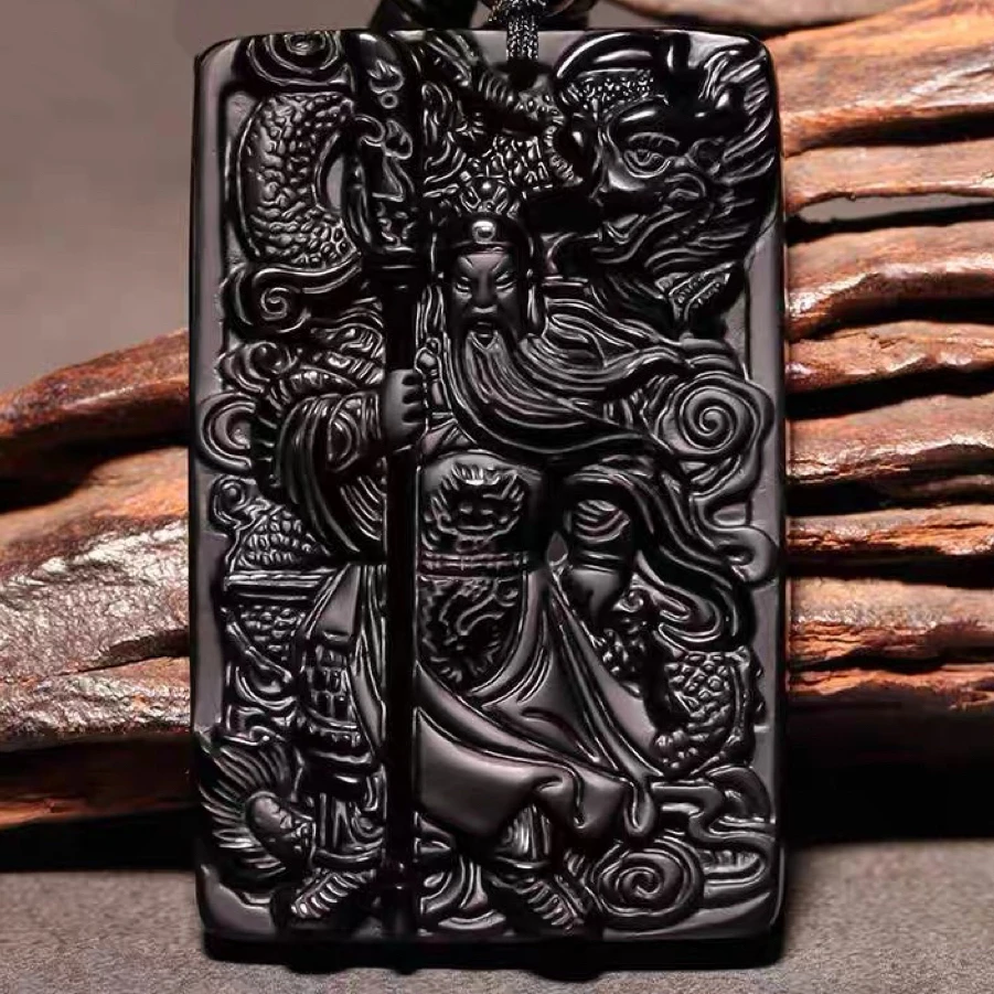 天然黑曜石关公吊坠武财神关羽霸气关二爷大气男款项链挂坠女礼物