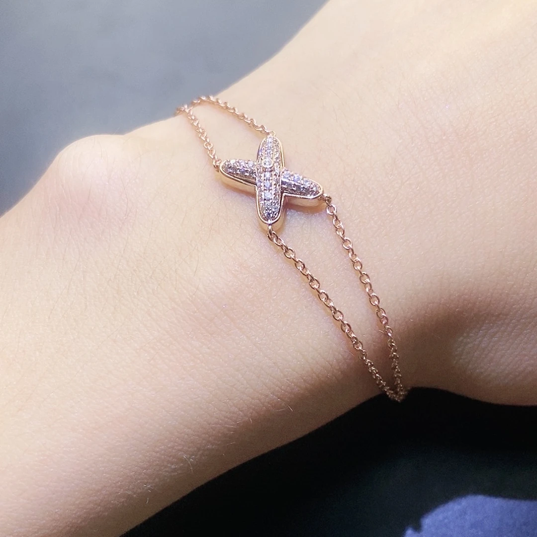 钻石手链18K金镶嵌满钻交叉手链K玫色