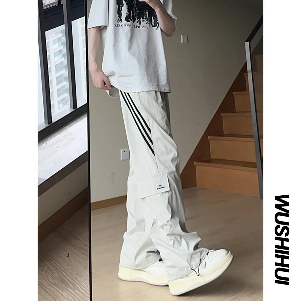 夏季美式潮牌休闲运动工装裤男女同款宽松直筒裤条纹拼接速干长裤