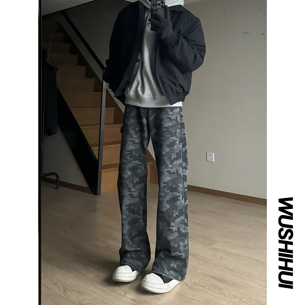 迷彩工装美式复古牛仔裤男潮牌重磅多口袋宽松直筒休闲裤