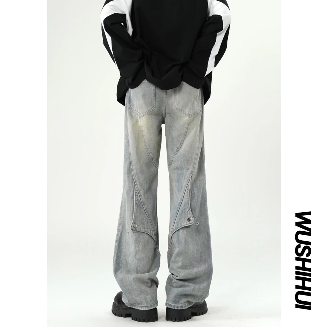 美式高街牛仔裤男款潮牌vibe直筒裤子男春秋季复古休闲长裤做旧