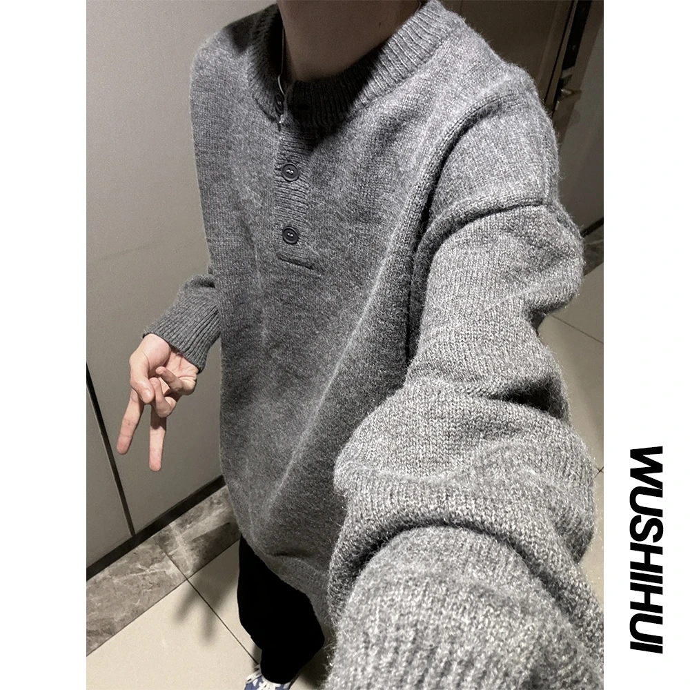 老钱风亨利领毛衣外套男秋冬季纯色复古高级感宽松cleanfit针织衫