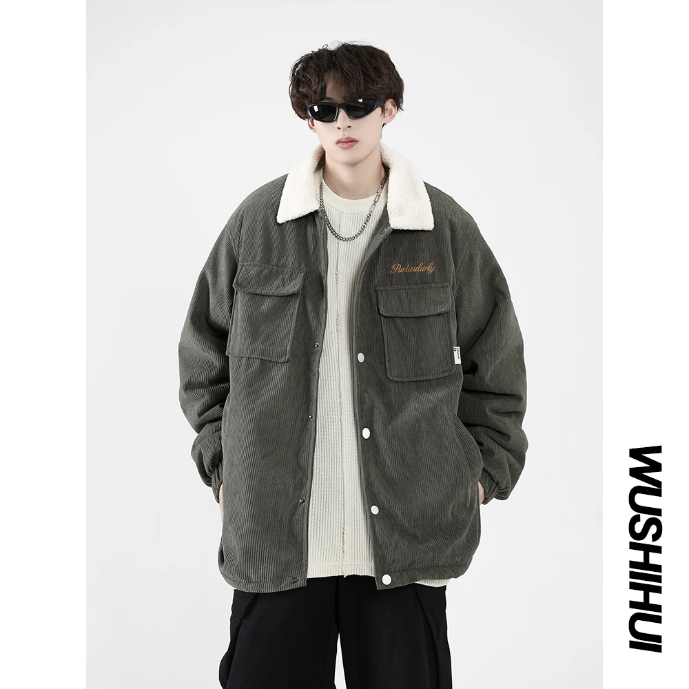 美式复古咖色羊羔毛棉服外套男款冬季宽松情侣短款灯芯绒棉袄棉衣