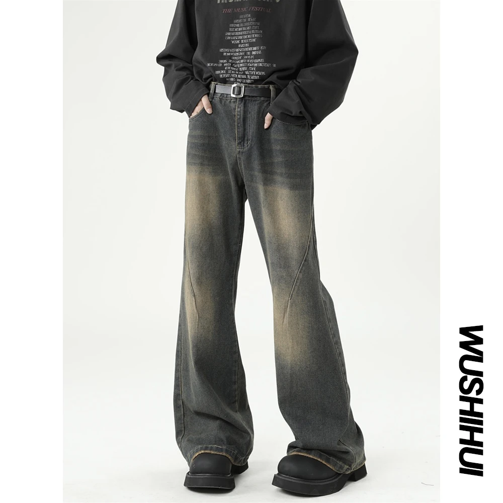 美式高街牛仔裤男秋季复古潮牌水洗做旧微喇裤高级感宽松阔腿长裤