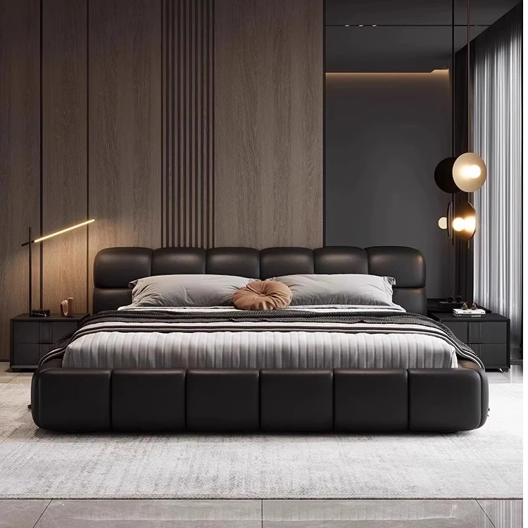 泡芙床奶油风轻奢现代布床2024新款小户型主卧双人黑色纳帕皮艺床