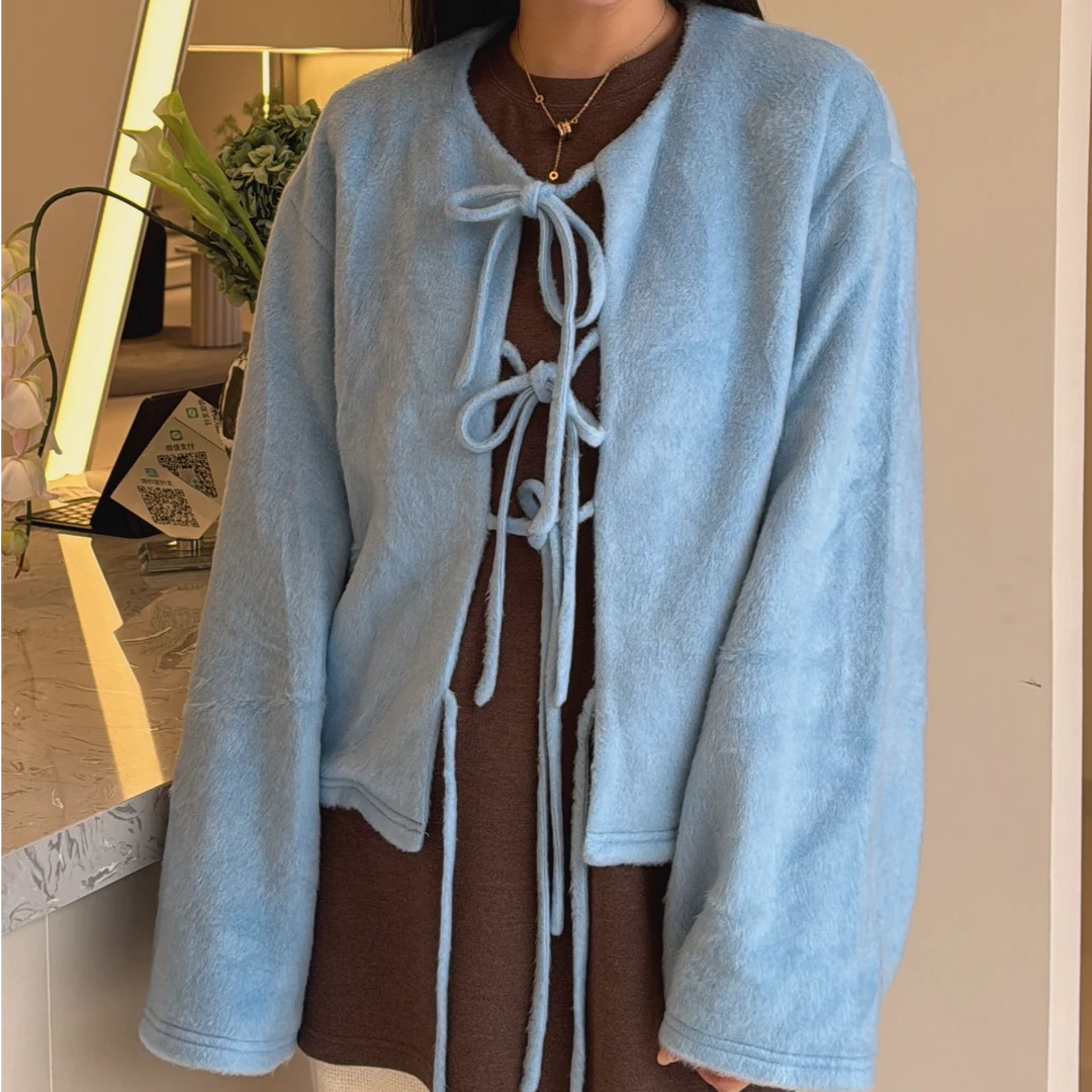 【TWINKLE】蓝色毛绒系带外套