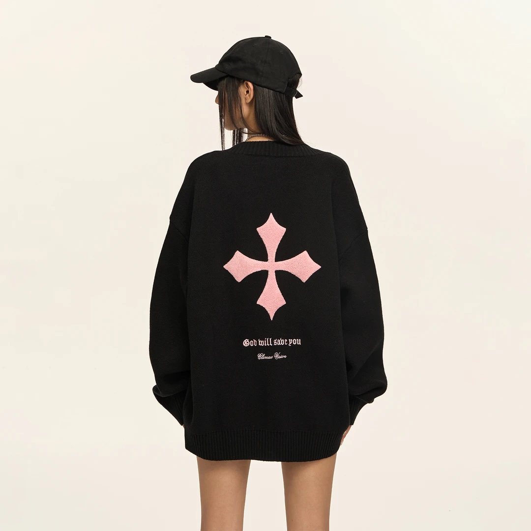 CLIMAX VISION十字架毛巾绣开衫毛衣男宽松慵懒风情侣针织衫外套