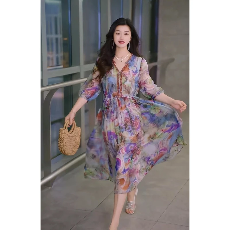【漫山花开】新款时尚洋气清新显白高腰显瘦遮肉气质连衣裙