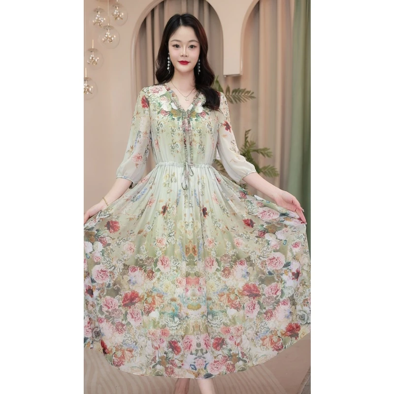 【花好月圆】夏季甜美气质收腰显瘦遮肉遮肚时尚V领花色连衣裙洋气
