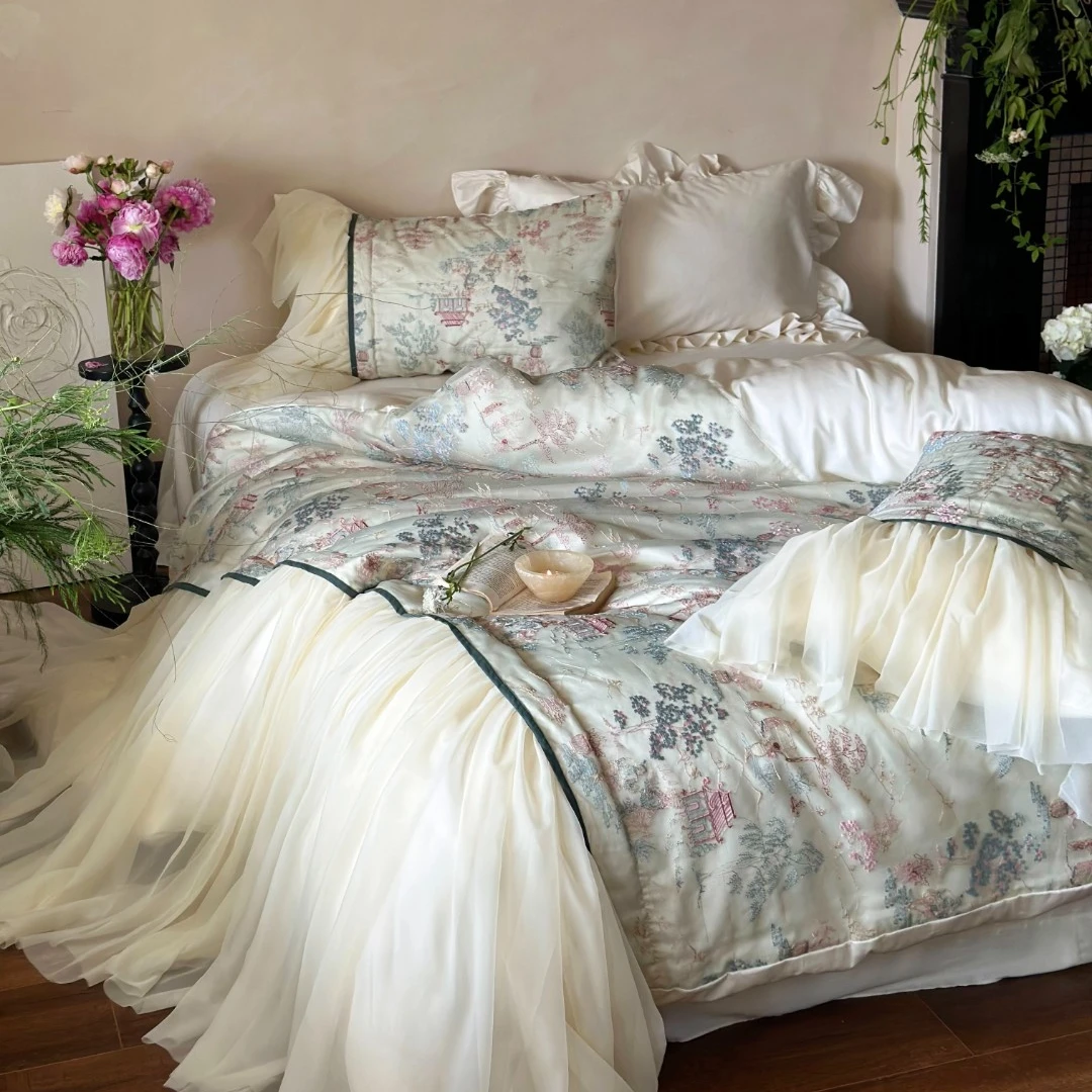 十七【雾失楼台】法式中古新中式鱼尾花边印花花边天丝棉床上四件套