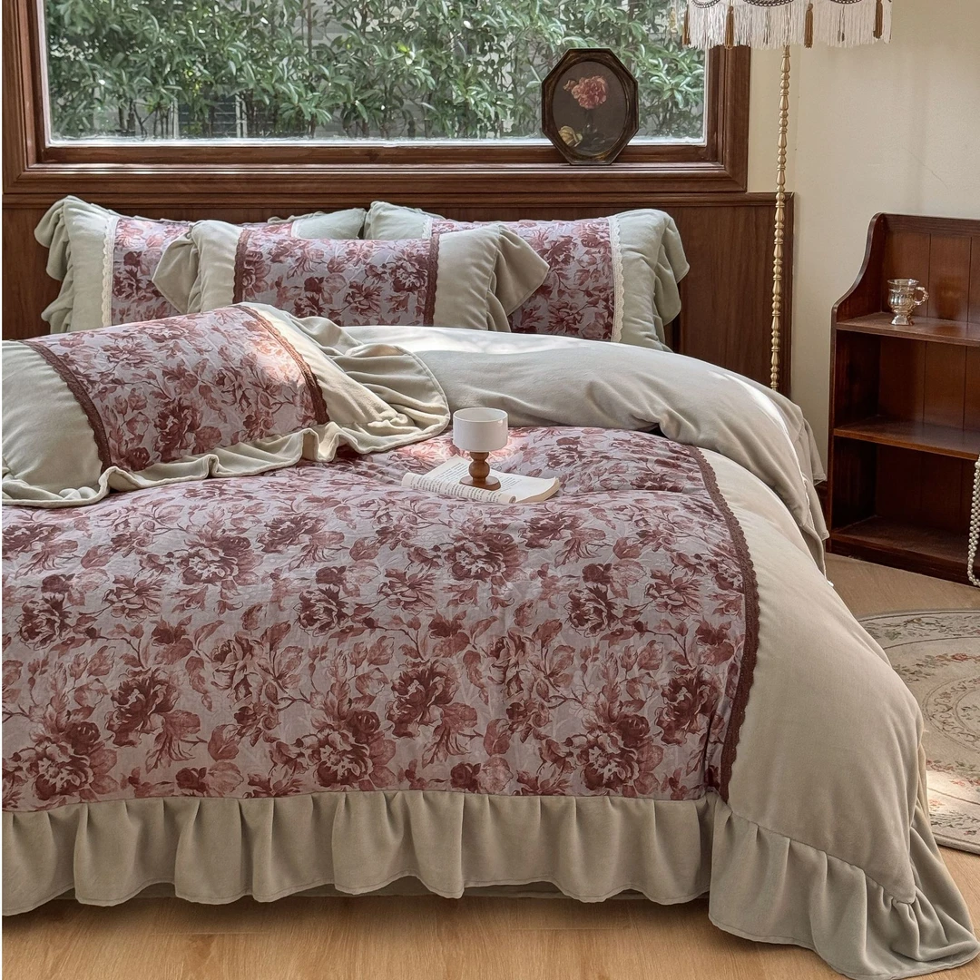 十七【薇娜塔】法式复古欧式花边款加厚秋冬牛奶绒全消光保暖四件套