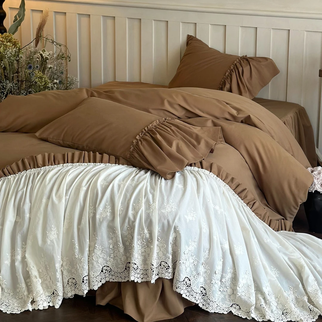 十七【怦然心动】法式松弛感简约中古风花边全棉贡缎磨毛床裙四件套