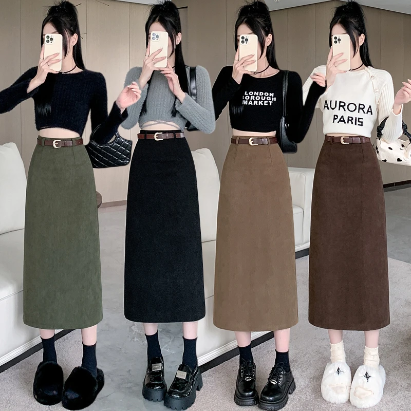 灯芯绒中长款半身裙女2024秋冬季高腰复古气质直筒开叉包臀A字裙