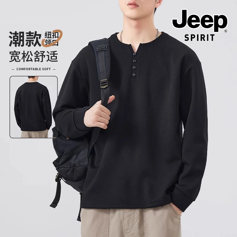 JEEPSPIRIT吉普亨利领男士长袖T恤2024秋冬新款休闲潮牌百搭上衣