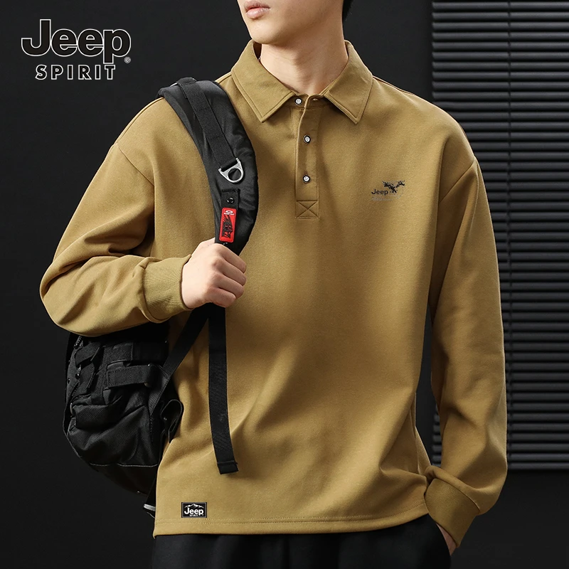 JEEPSPIRIT吉普美式polo衫男士卫衣长袖秋冬季新款纯色翻领上衣服