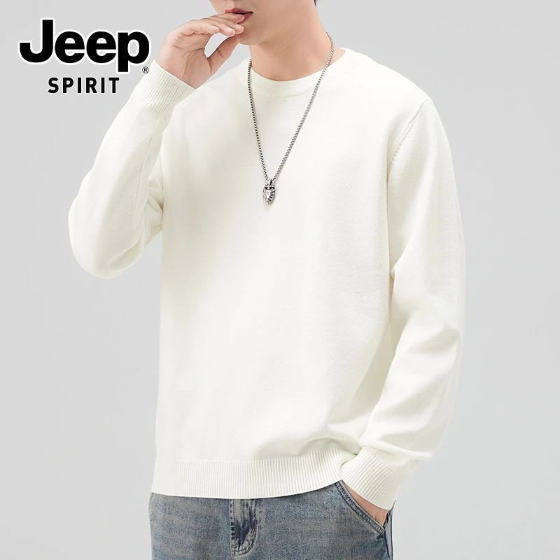 JEEPSPIRIT吉普慵懒风圆领毛衣男士秋冬季白色高级感针织打底衫男