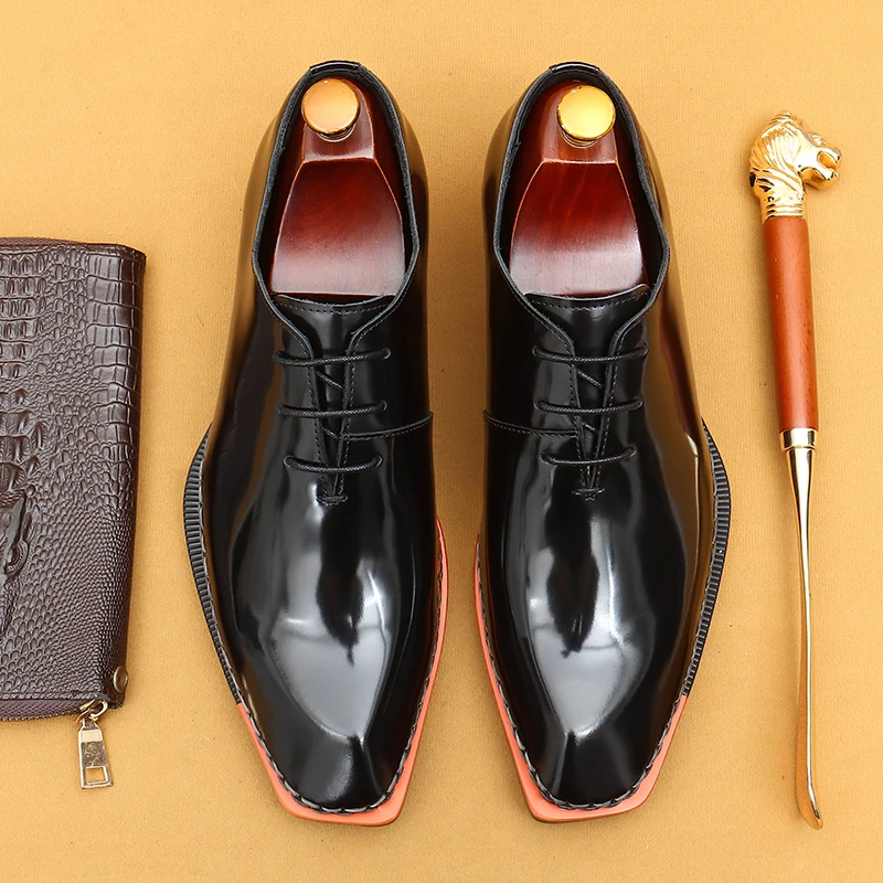 皮鞋男款商务正装2025新款方头高级感结婚新郎鞋漆皮亮面牛津男鞋