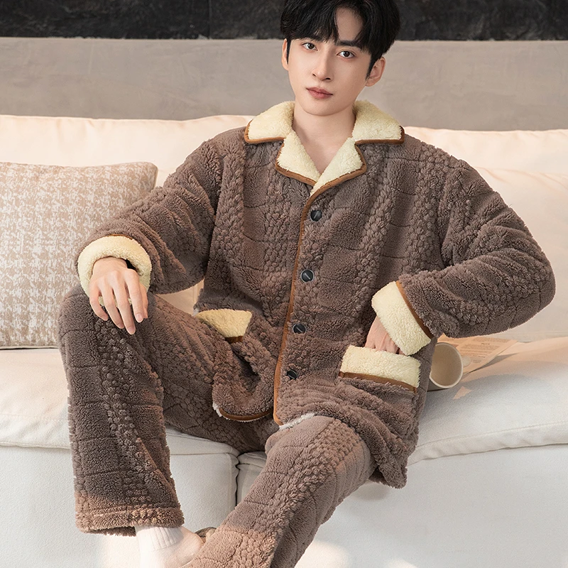 秋冬季新款男士衣加绒加厚保暖珊瑚绒法兰绒加大码宽松冬天家居服