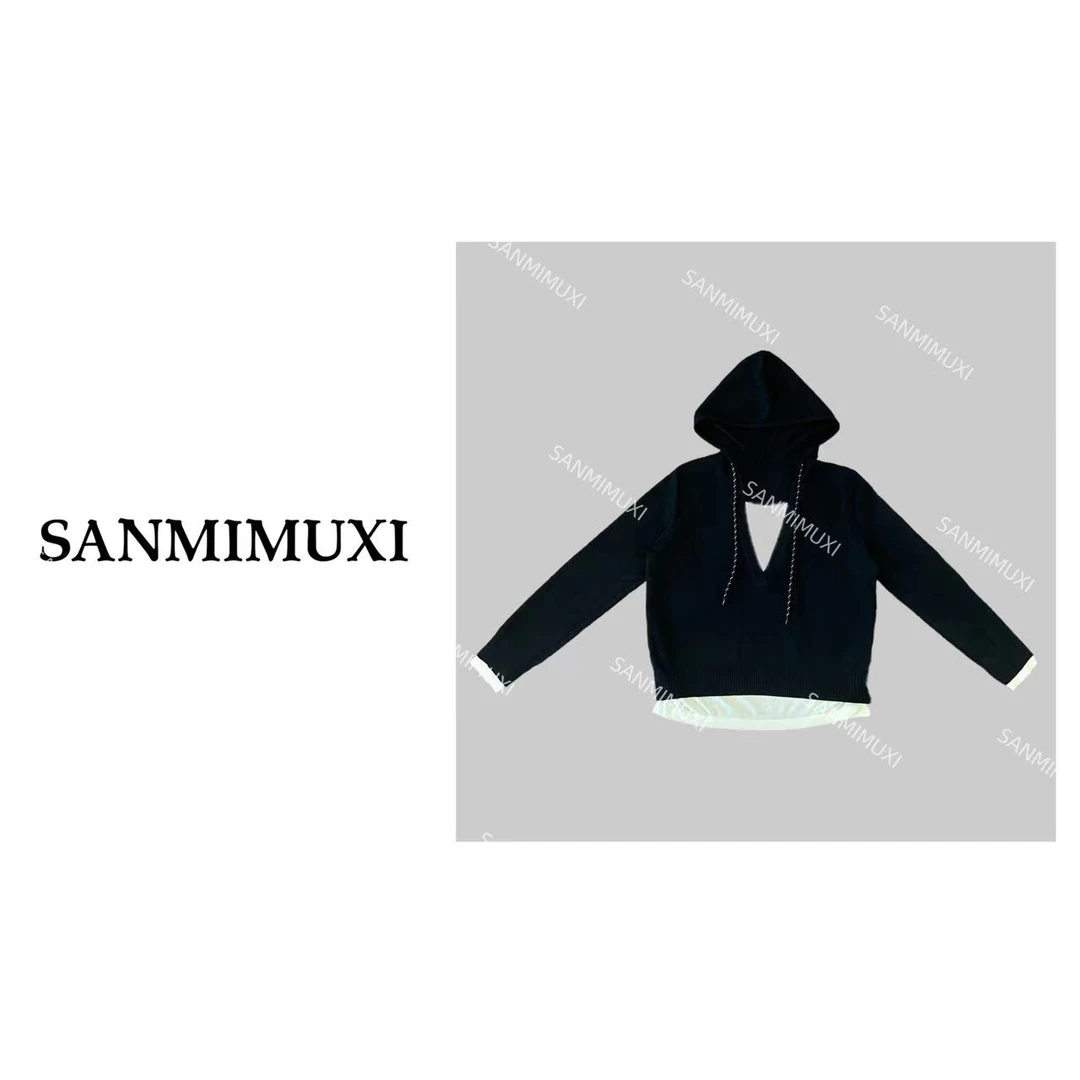 SANMI/叁米  假两件大V领针织帽衫 24104