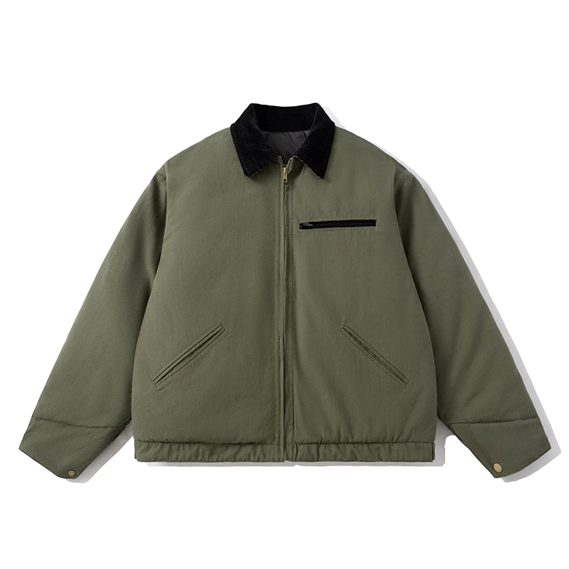 2024新款春秋冬季加厚保暖纯色休闲宽松棉服潮流男士翻领棉衣外套