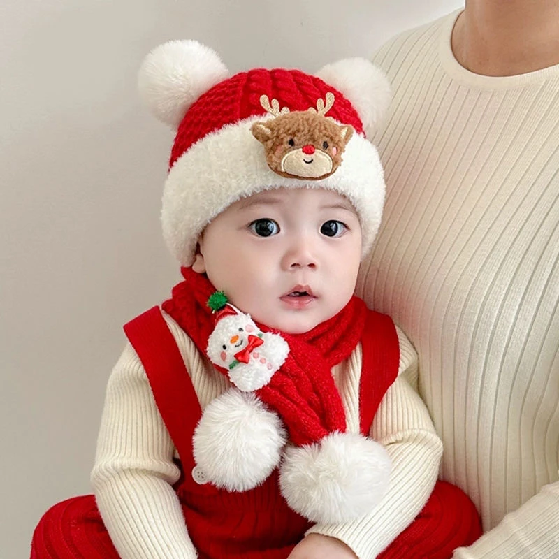 婴儿帽子秋冬红色帽子宝宝新年毛线帽保暖儿童过年针织帽围巾套装