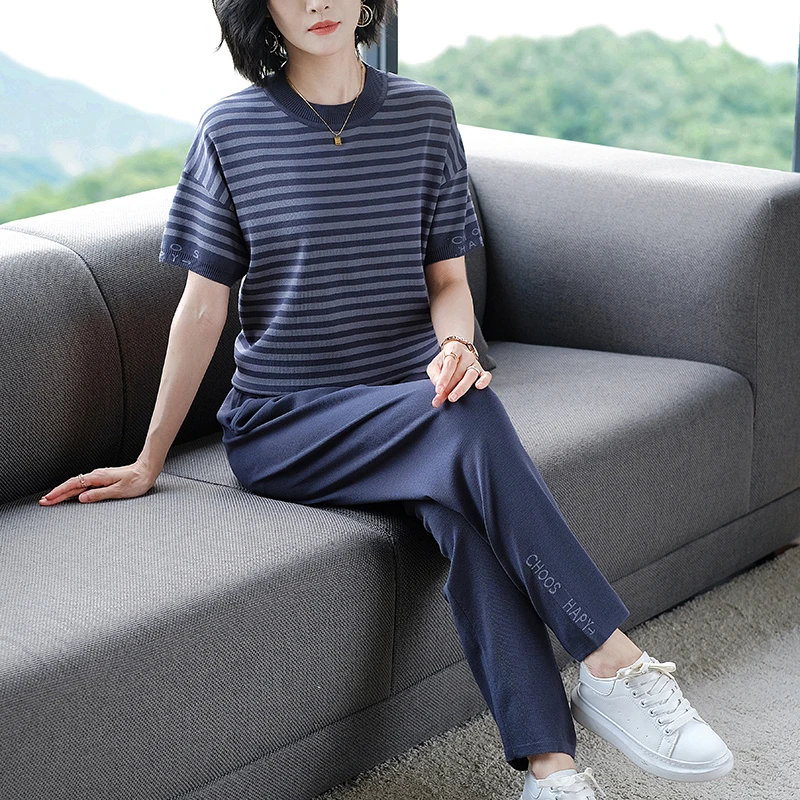 时尚圆领条纹休闲运动套装女夏季新款妈妈装宽松卫衣冰丝两件套薄