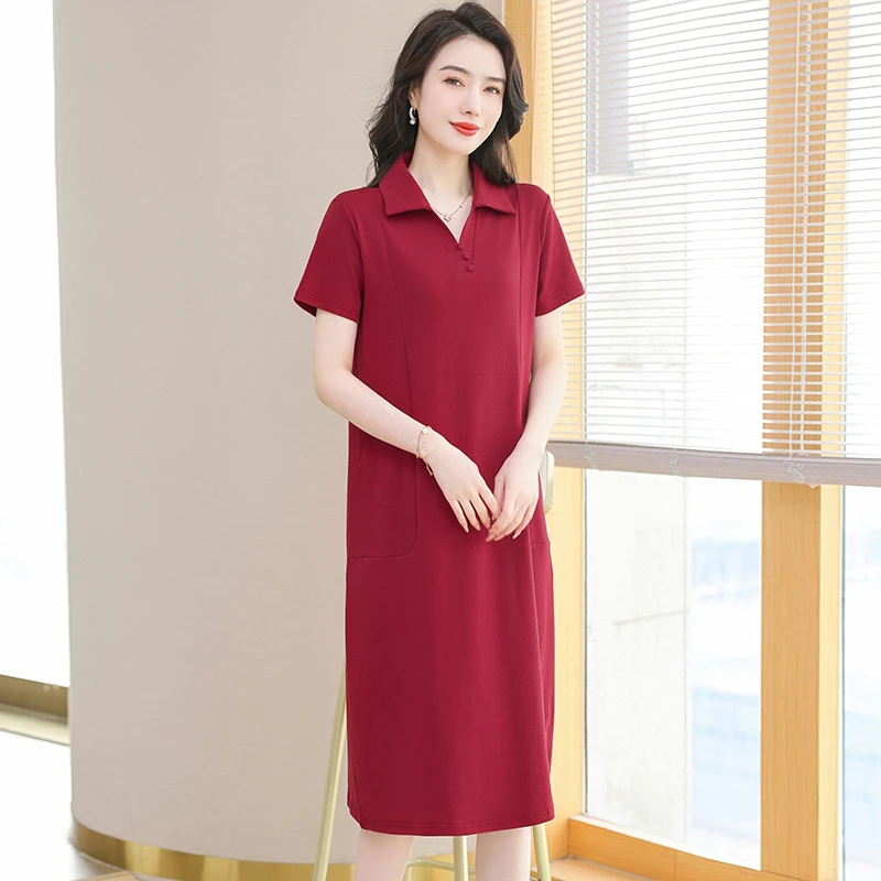 纯棉t恤裙女夏季长款过膝宽松休闲大码Polo领连衣裙显瘦洋气翻领