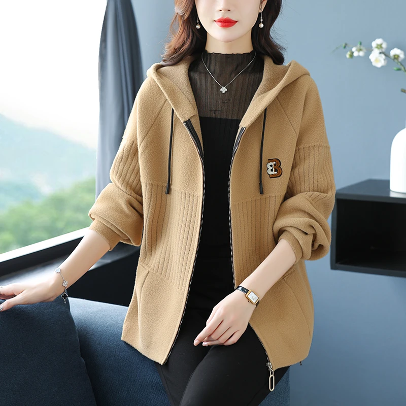 秋冬新款羊毛呢连帽外套女士宽松韩版毛衣针织开衫拉链休闲上衣女