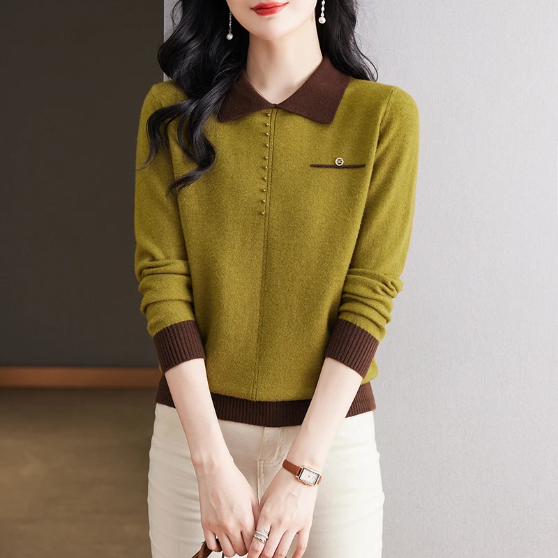 polo领针织衫早春秋装2025年新款宽松外穿打底上衣撞色翻领毛衣女
