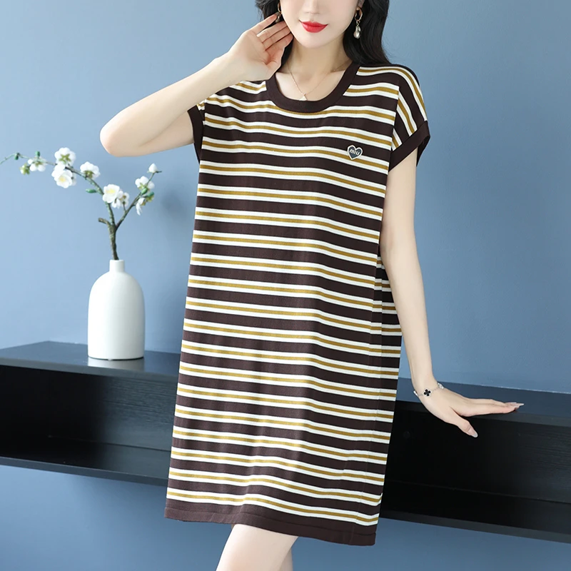 加肥加大码夏装中长款短袖桑蚕丝t恤上衣女士中年妈妈冰丝针织衫